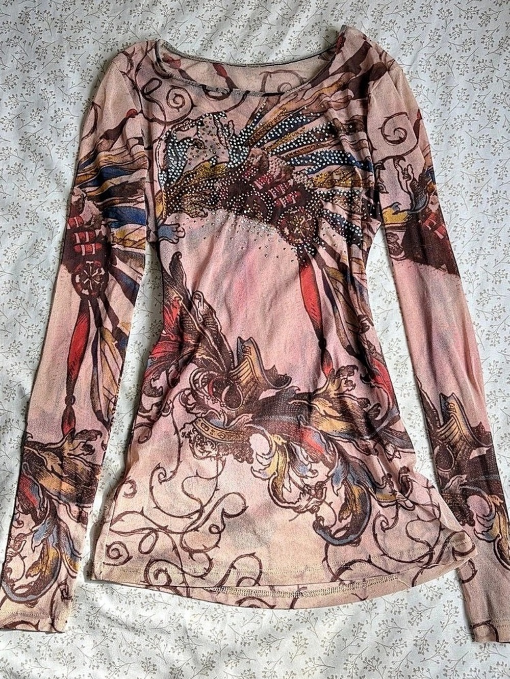 Vintage Y2K Sheer Mesh Graphic Long Sleeve
Top Rhinestone Size S